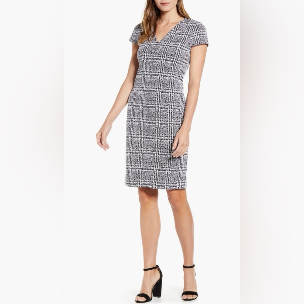 Michael Kors Black and White Plaid Jacquard Sheath Checkered Mini Dress